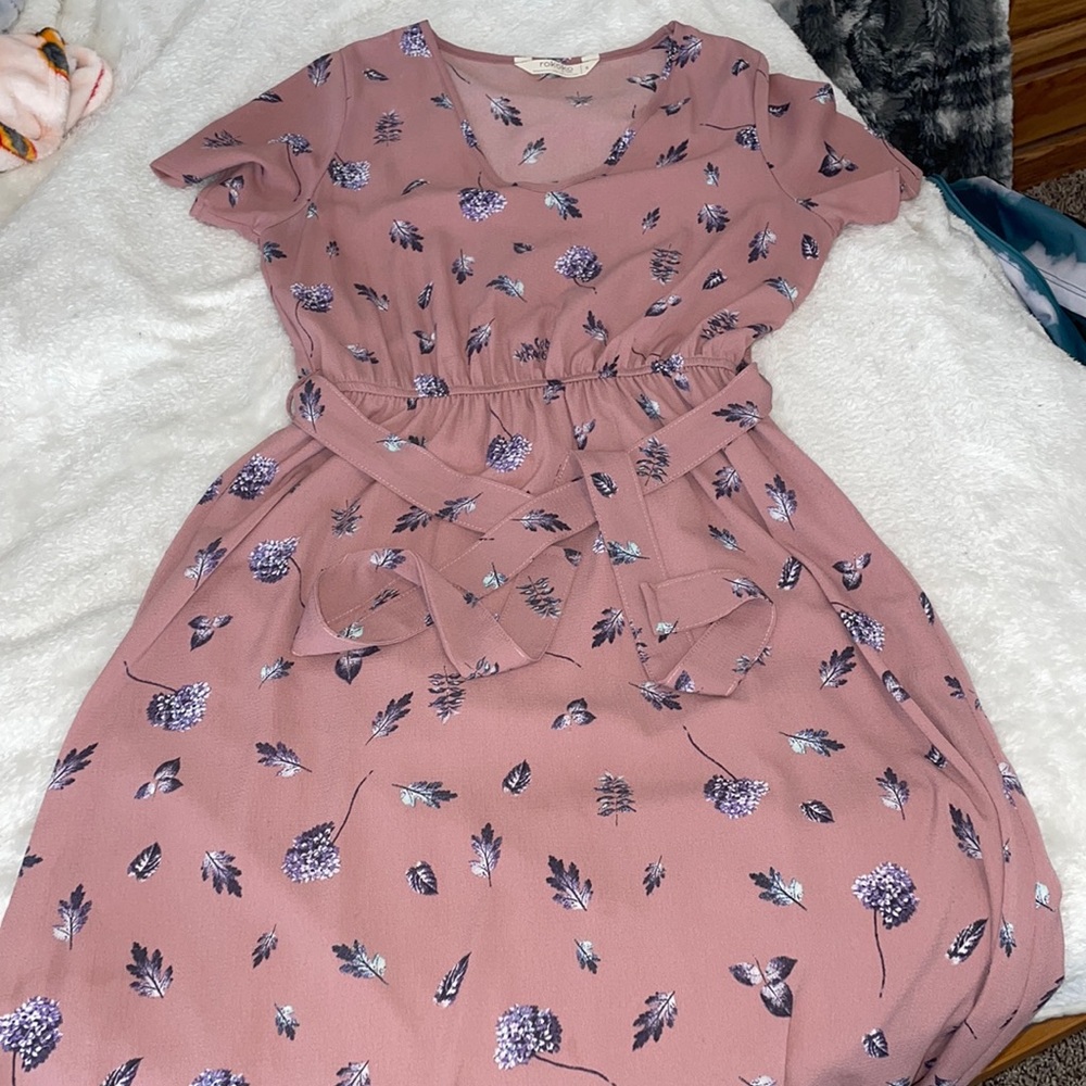 midi length dress, pink with purple flowers